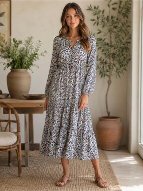 IKOLL Boho Paisley Floral Midi Dress Blue Ivory Long Sleeve Tie Neck Size Medium